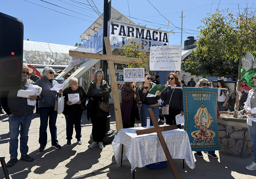 The first Station of the Cross in a symbolic Via Crucis held on April 5 along the border in Nogales, Mexico to honor migrants was sponsored by the Most Holy Nativity of our Lord Jesus Christ Church in the Arizona border community of Rio Rico. (Anita Snow)