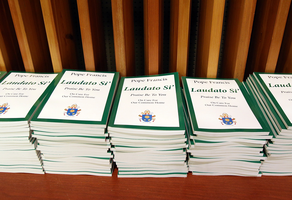 Copies of Pope Francis' encyclical on the environment, "Laudato Si', on Care for Our Common Home," are stacked on a table prior to a presentation on the encyclical June 30, 2015, at U.N. headquarters in New York City. (CNS/Gregory A. Shemitz)