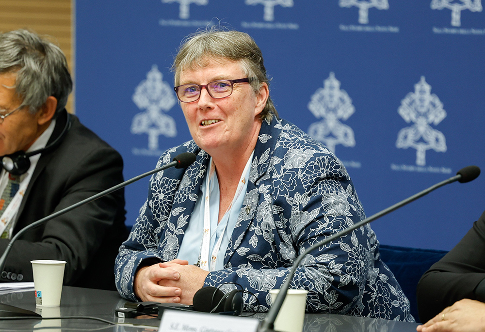 Sr. Mary Barron, a Missionary Sister of Our Lady of the Apostles and president of the International Union of Superiors General, speaks during a briefing about the assembly of the Synod of Bishops at the Vatican on Oct. 20, 2023. (CNS/Lola Gomez)