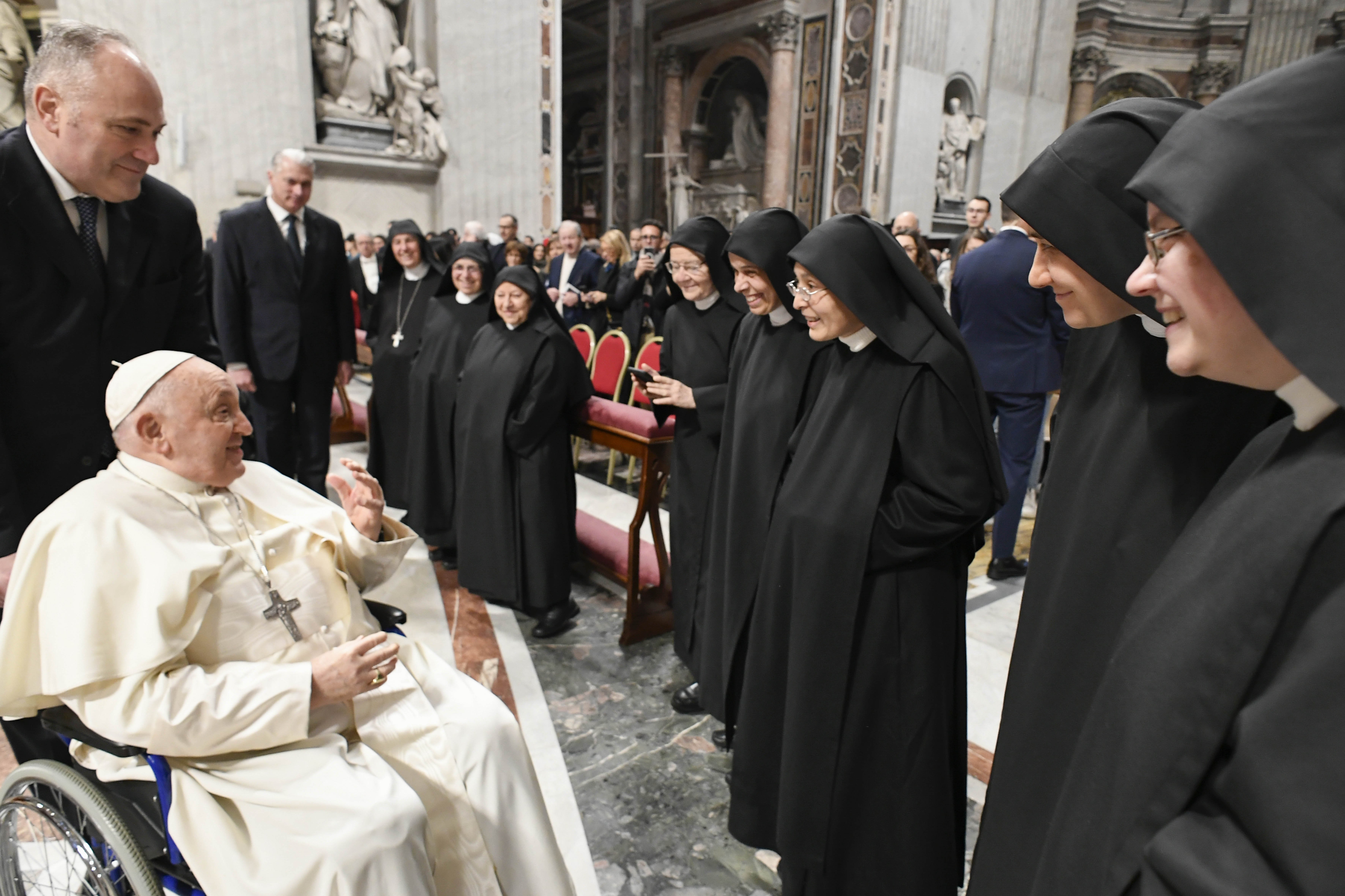 Pope Francis greets Benedictine nuns
