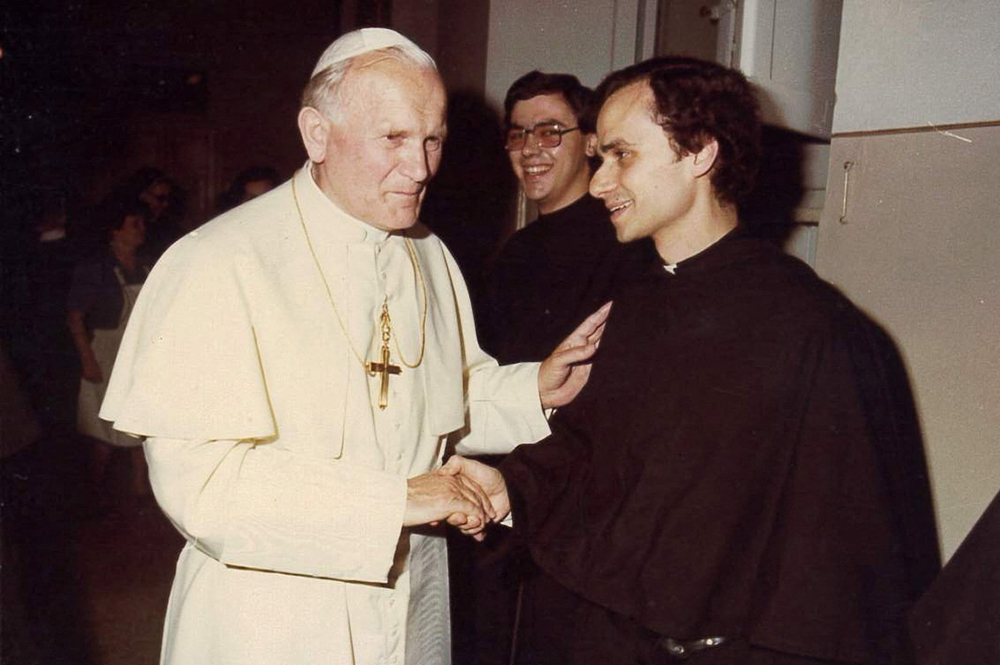 An undated file photo shows Pope John Paul II greeting then-Augustinian Fr. Robert Francis Prevost, now Pope Leo XIV. He became the first U.S. pope in history to be elected pope May 8, 2025, at the Vatican. (OSV News/Augustinian Province of Our Mother of Good Counsel handout via Reuters)
