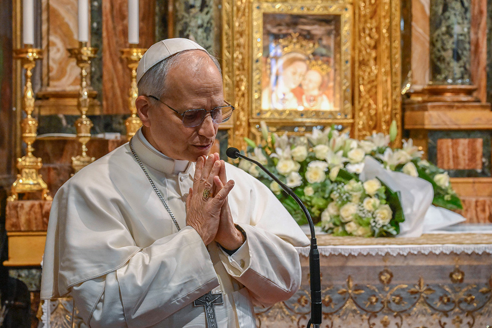 Pope Leo XIV leads prayers at the Shrine of Our Lady of Good Counsel in Genazzano, Italy, southeast of Rome, May 10, 2025. The shrine, with a famous image of Mary, is run by the pope's Augustinian confreres. (CNS/Vatican Media)