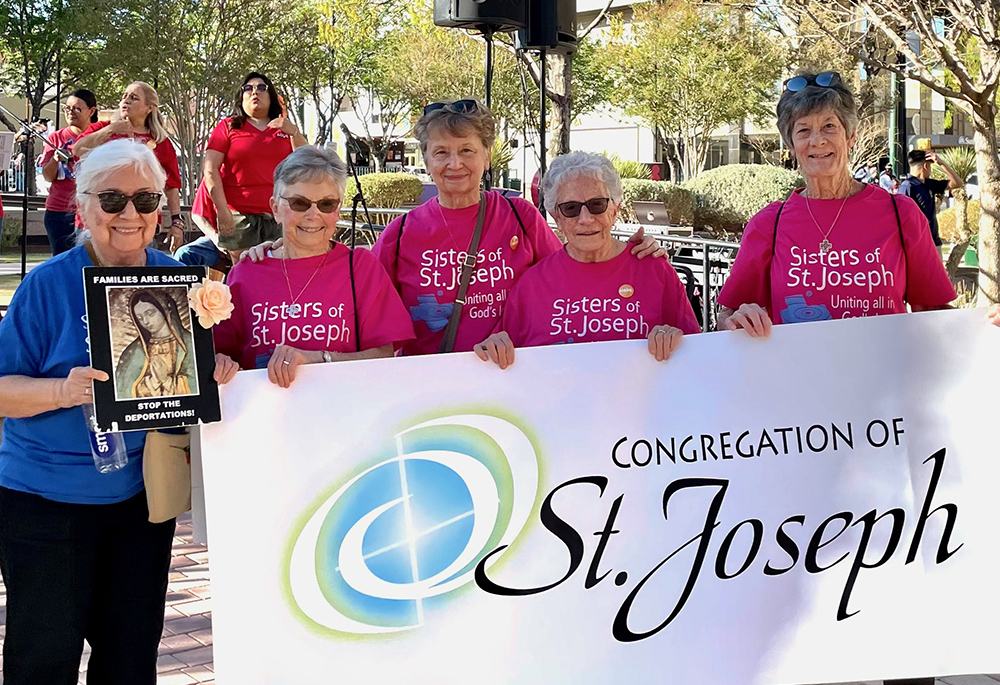 St. Joseph Sr. Jackie Schmitz (far right) joined other Sisters of Sr. Joseph at an El Paso border witness on March 2, 2024. Sr. Nina Rodriguez (far left) walks with difficulty but was determined to attend because both of her parents were undocumented. Schmitz, a Chicago native, volunteered to help at Migrant Ministry's "free stores." (Courtesy of Congregation of St. Joseph)