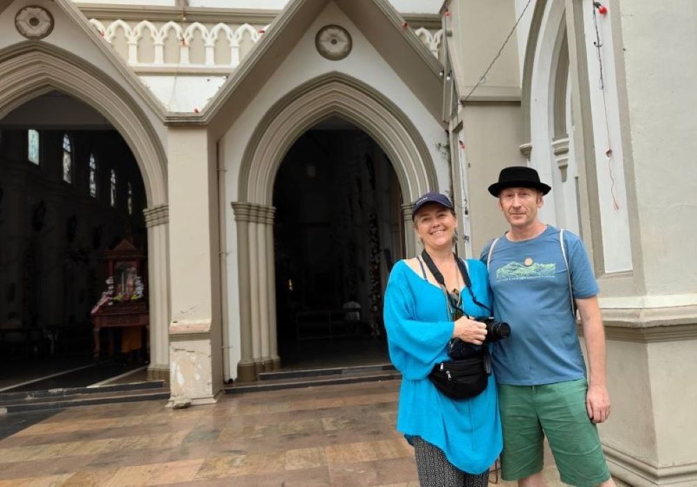 tourists outside church tourists outside church