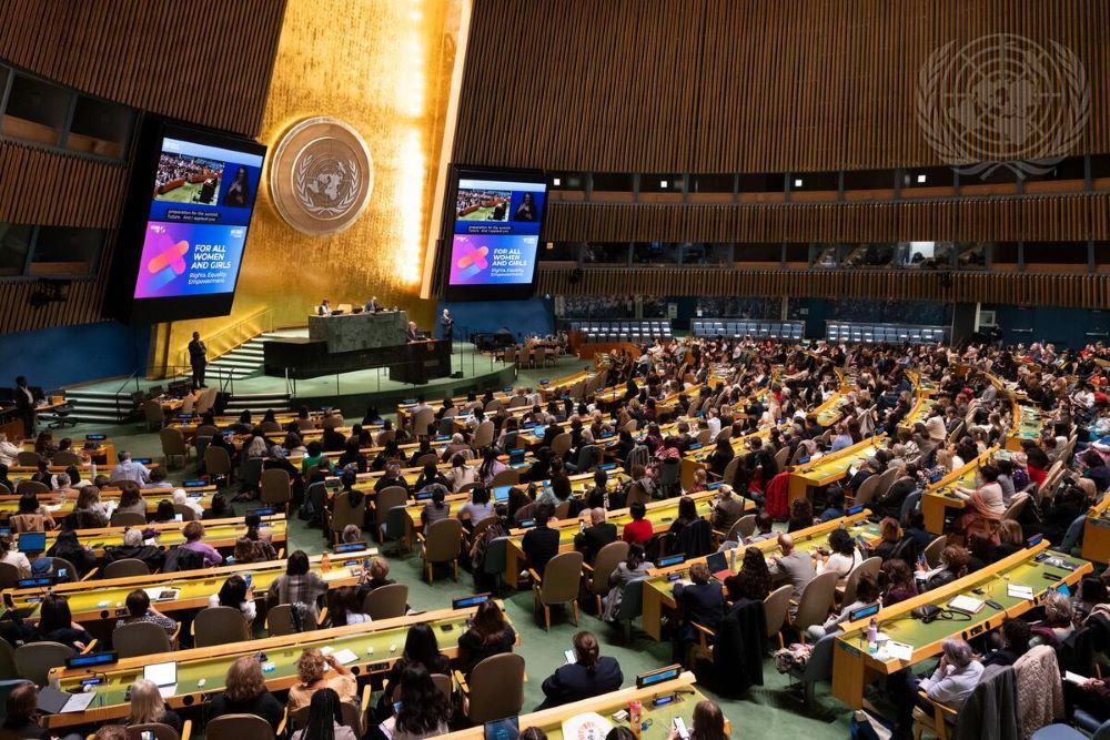 Sima Bahous, executive director of UN Women, appears onscreen at UN event. Sima Bahous, executive director of UN Women, appears onscreen at UN event.