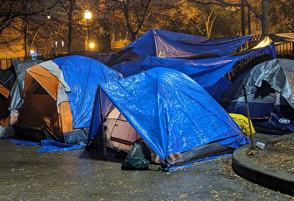 Chicago volunteers hurriedly organized tent cities for migrants; the tents are pictured in the summer of 2023. (Courtesy of Migrant Ministry)
