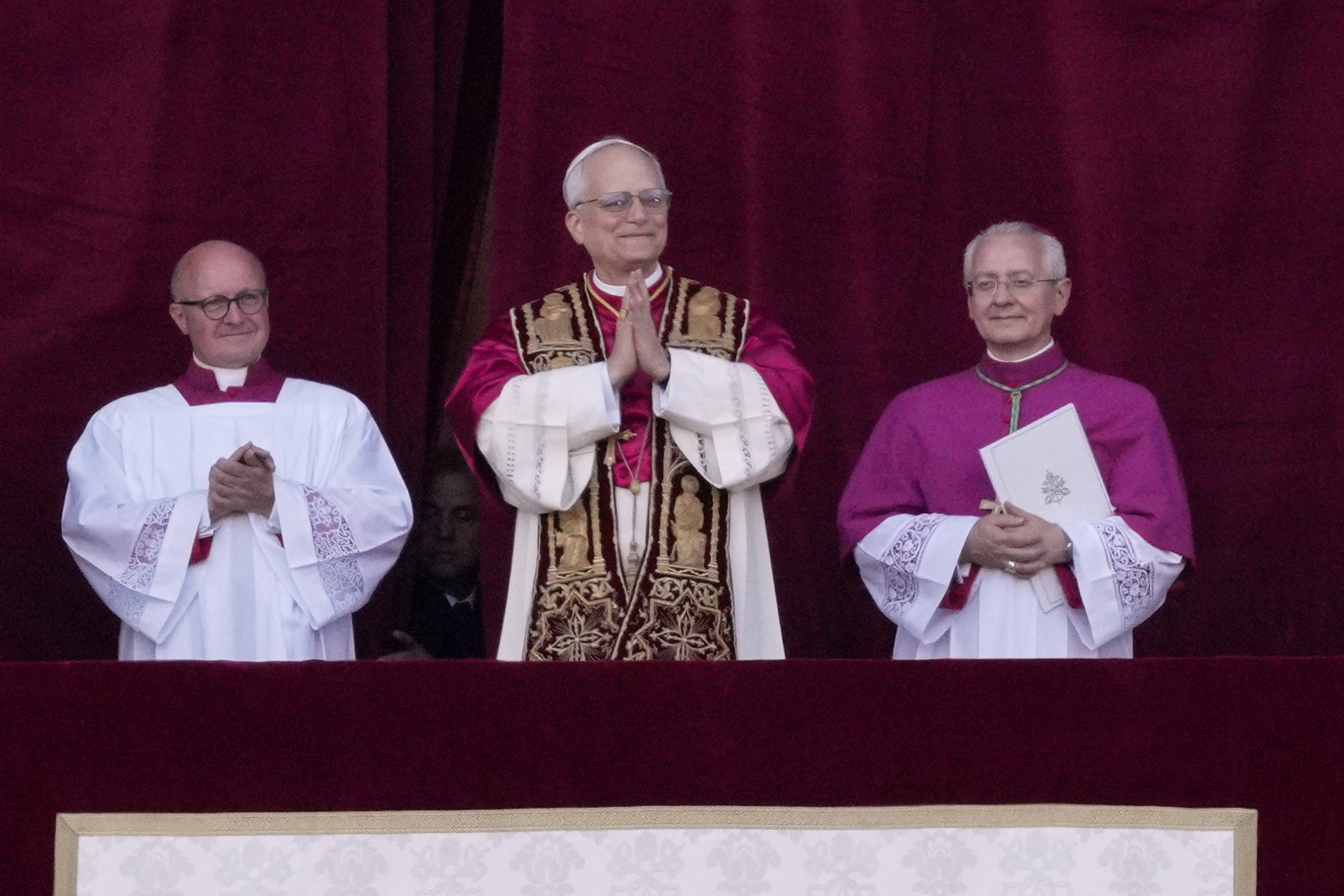 Newly elected Pope Leo XIV appears at the balcony of St. Peter's Basilica at the Vatican, on May 8, 2025. (AP photo/Bernat Armangue)