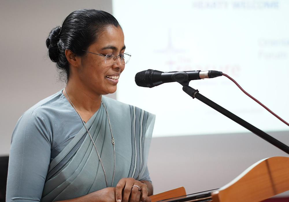 Sisters of John the Baptist Sr. Sally John addresses the core group members of Treasure, a sister-led mental health network, at the Catholic Hospital Association of India's headquarters in Secunderabad, southern India. (Courtesy of Sally John)