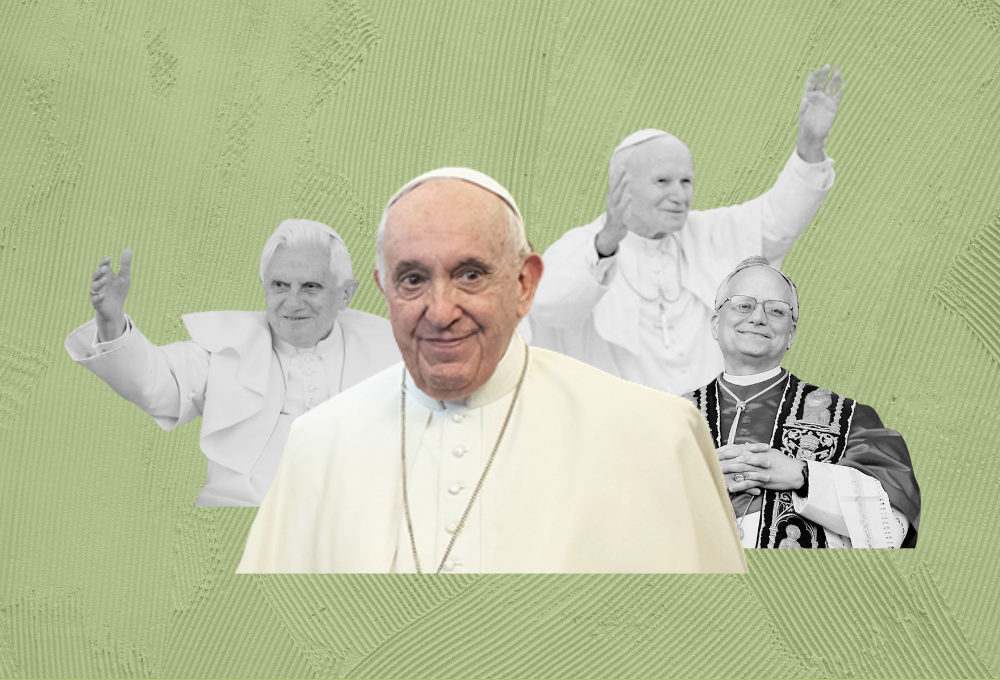 (GSR graphic/Olivia Bardo; photo sources, from left: CNS/Paul Haring, CNS/Vatican Media, CNS file, OSV News/Reuters/Yara Nardi)