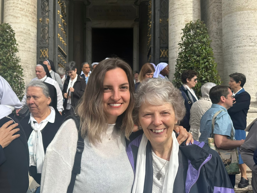 GSR editor Soli Salgado and GSR's international liaison to women religious, Sr. Joyce Meyer GSR editor Soli Salgado and GSR's international liaison to women religious, Sr. Joyce Meyer, at the Basilica of St. Mary Major, May 9. The assembly concluded the week with a visit to Francis' tomb and Mass. (Photo provided by Soli Salgado)
