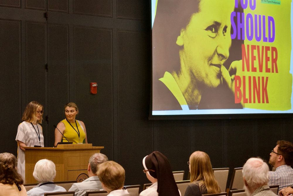 Filmmakers Jillian Schultz, left, and Leah Thompson discuss their upcoming documentary on Corita Kent.