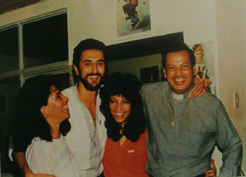 From the right to left, Fr. Tiberio Fernández Mafla, his niece Alba Isabel Giraldo, and architect Oscar Pulido, all of them killed in the Trujillo massacre. On the far left is Idalia Giraldo, sister of Alba Isabel, who was able to escape to Spain as a refugee. (Courtesy Maritze Trigos Torres)