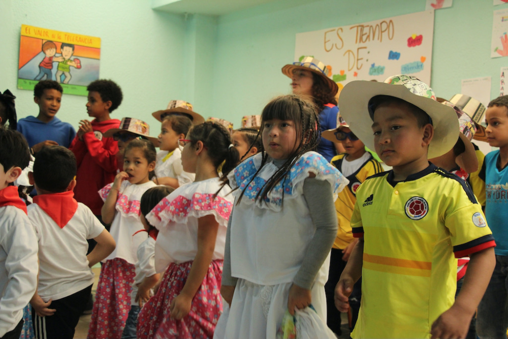 Children at the Seeds of Life School celebration and performance on March 30, 2025 in Soacha, Colombia.
