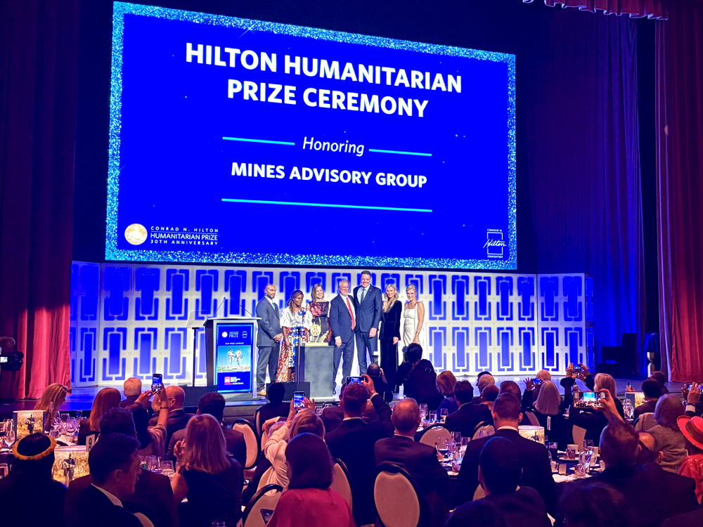 The Mines Advisory Group representatives receive the 2025 Hilton Humanitarian Prize The Mines Advisory Group representatives receive the 2025 Hilton Humanitarian Prize in New York, Oct. 6. (NCR photo/Camillo Barone)