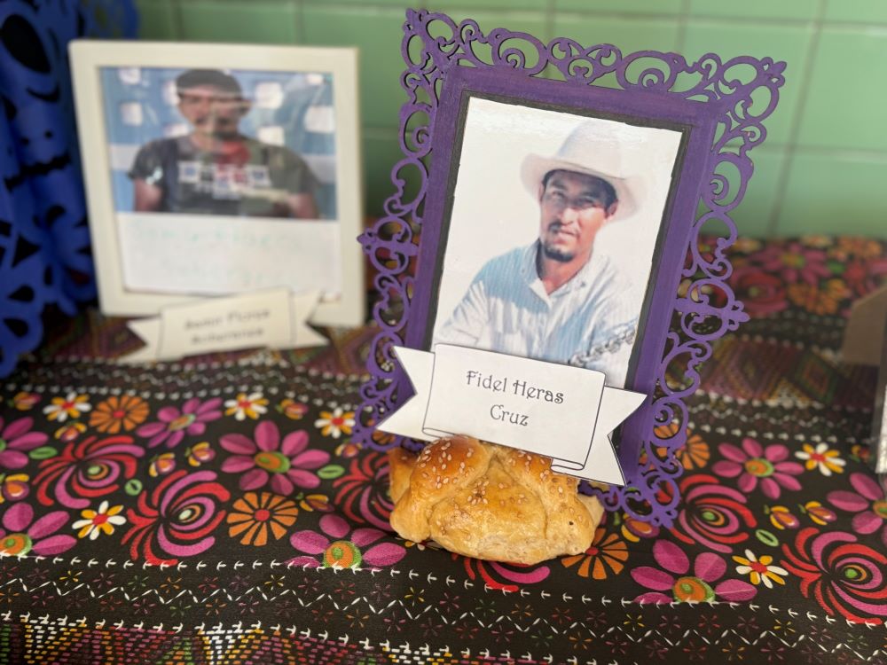 A traditional bread of the dead with a photo of slain Mexican environmental leader Fidel Heras Cruz