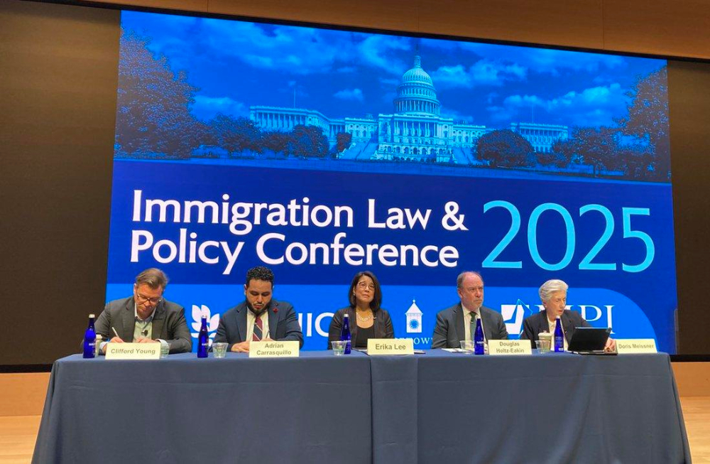 Panelists take part in the Immigration Law and Policy Conference at Georgetown University in Washington Oct 9, 2025. Five panelists take part in the Immigration Law and Policy Conference at Georgetown University in Washington Oct 9, 2025.