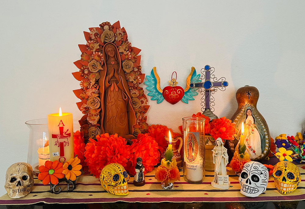 An altar for the Day of the Dead prepared by Elia Cárdenas, honoring deceased sisters who inspired her faith journey (Courtesy of Elia Cárdenas)
