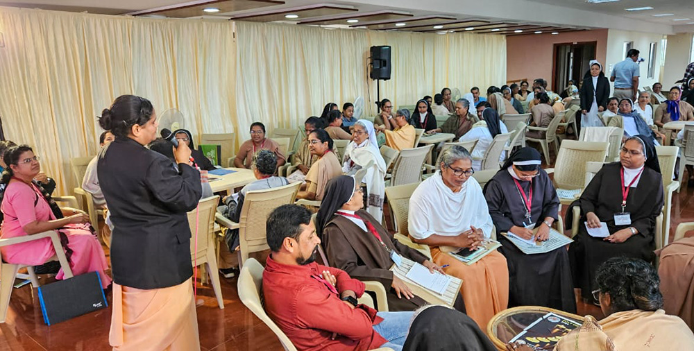 Adorers of the Blood of Christ Sr. Jessie D'Souza, a psychologist and trainer, addresses a group of sisters from St. Joseph of Tarbes on Oct. 11, 2025, at Mysuru, Karnataka state, India. (Courtesy of Jessie D'Souza)