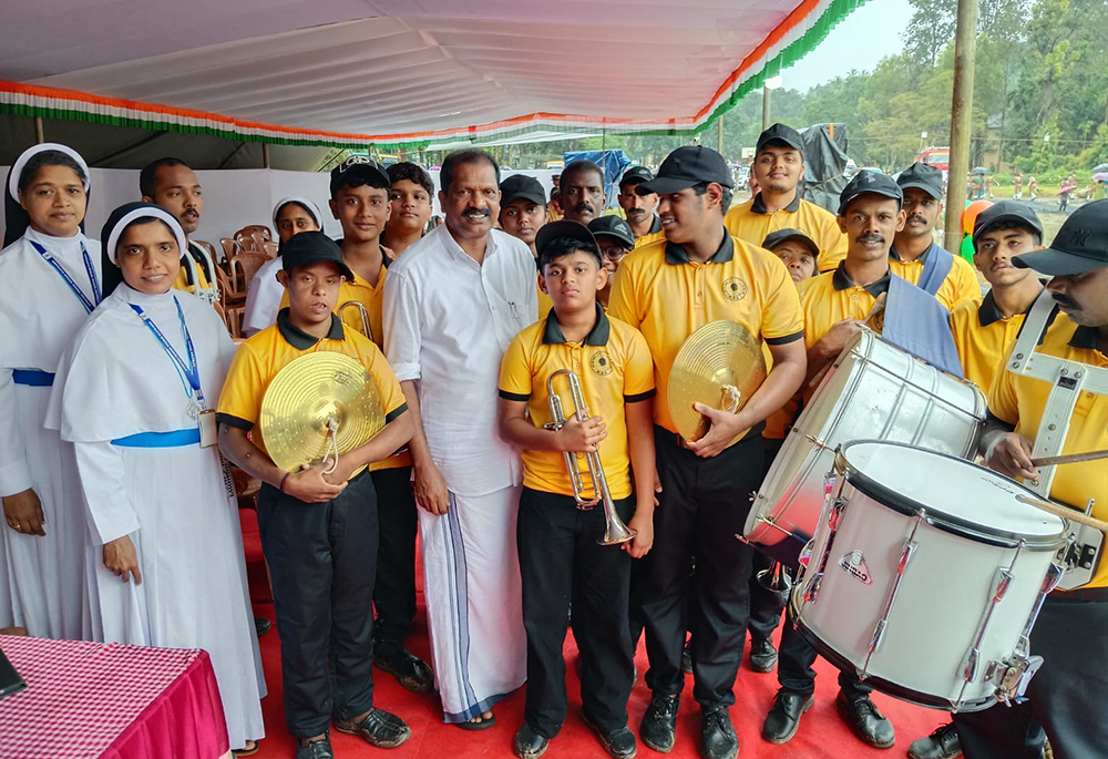 The band at the Kripalaya Special School in Pulpally, Wayanad, Kerala, southwestern India, with O.R. Kelu, Kerala minister for the Welfare of Scheduled Castes, Scheduled Tribes and Backward Classes, at the Wayanad District Collectorate on Aug. 15, after their Independence Day performance. (Courtesy of Sr. Anseena Memadathil)