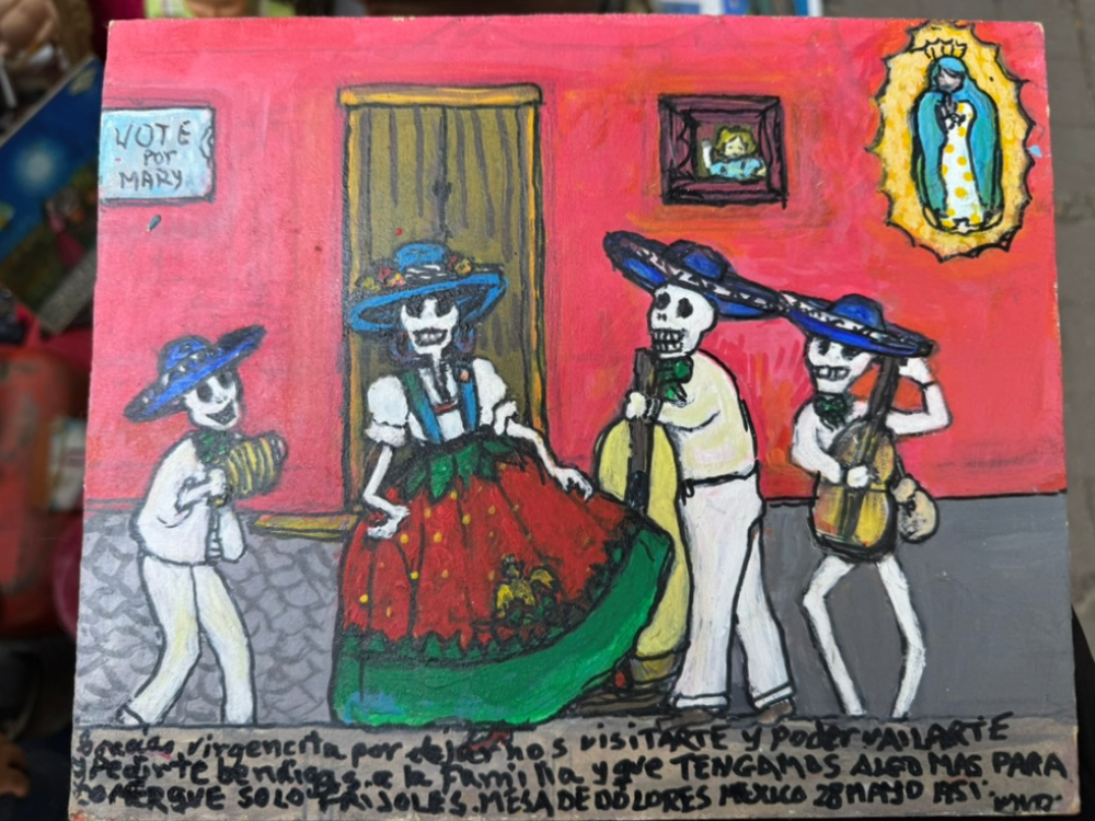 This ex-voto says: "Thank you, Blessed Mother, for allowing us to visit you, to dance for you, and to ask you to bless our family and to give us something more to eat than just beans. Mesa de Dolores, Mexico, May 28, 1951." (GSR photo/Helga Leija)