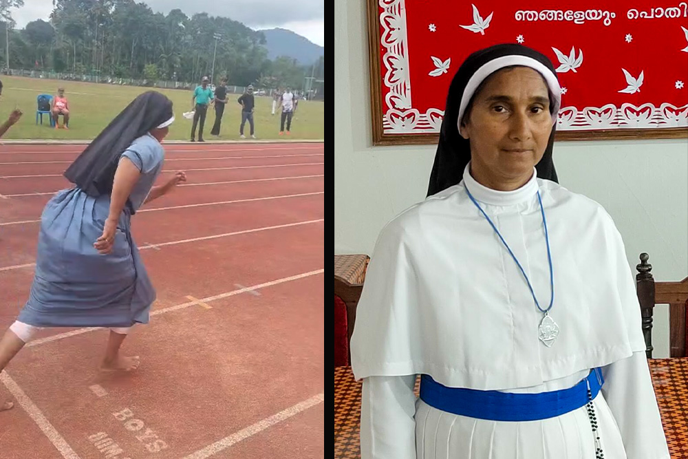 Left: Adoration of the Blessed Sacrament Sr. Sabina Joseph begins her winning race in the hurdles event during the State Masters Athletics Championship held Oct. 24, 2025, at Maravayal Stadium in Wayanad, Kerala (GSR screenshot/Courtesy of Sabina Joseph). Right: Joseph in the refectory of the Mary Matha Provincial House, Mananthavady, Wayanad, Kerala, southwestern India (George Kommattam).