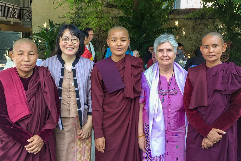 Columban Srs. Theresa Kim, second from left, and Kathleen Geaney, second from right, with Buddhist nuns in Mandalay, Myanmar, in December 2023 (Courtesy of Kathleen Geaney)