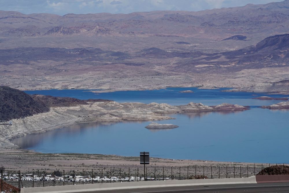 An elevated view shows the dramatic decline of water levels at Lake Mead near Boulder City, Nev., March 13, 2023. At the time, the nation's largest reservoir has reached its lowest water levels on record since it was created by damming the Colorado River in the 1930s. (OSV News/Reuters/Bing Guan)