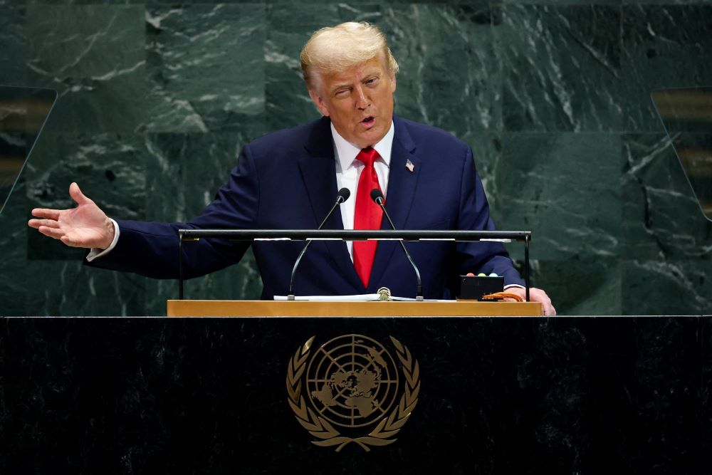 U.S. President Donald Trump addresses the 80th United Nations General Assembly at U.N. headquarters in New York City Sept. 23, 2025. In the speech, Trump called climate change "the greatest con job ever perpetrated on the world." (OSV News/Reuters/Mike Segar)