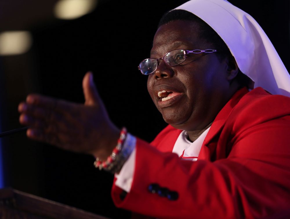 Sr. Rosemary Nyirumbe, a member of the Sisters of the Sacred Heart of Jesus, based in Juba, South Sudan, ministers in Uganda. Here she delivers a keynote address during the 2015 Catholic Media Conference in Buffalo, N.Y. (CNS/Bob Roller)
