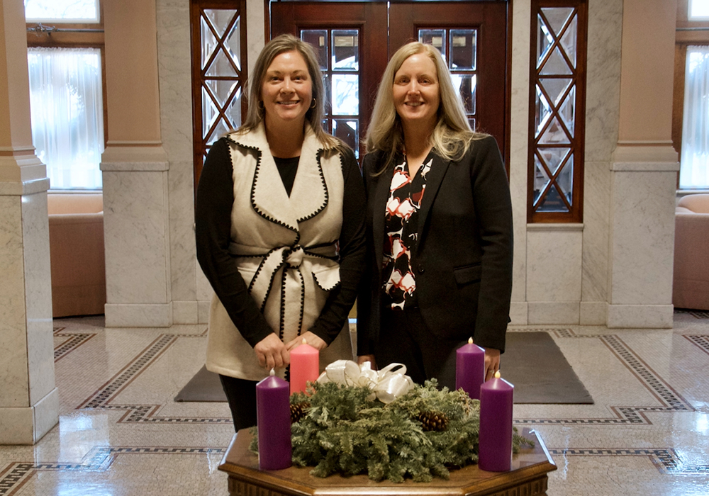 Jennifer Hunter, left, and Sara Stoddard are pictured in the lobby of the Adrian Dominican motherhouse Dec. 17, 2025. Hunter is the congregation's chief operating officer and Stoddard is the chief financial officer. (GSR photo/Dan Stockman)
