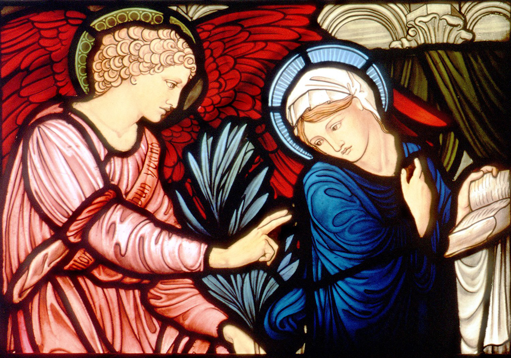 The angel Gabriel greets Mary in this church window depicting the Annunciation. (CNS photo from Crosiers)