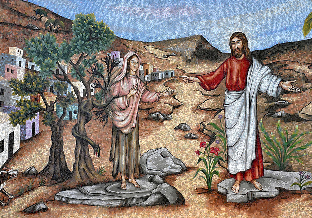 Mary Magdalene and Jesus are pictured in a mosaic mural, in a chapel in the Duc In Altum at Magdala, March 31, 2023. (OSV News/Debbie Hill)