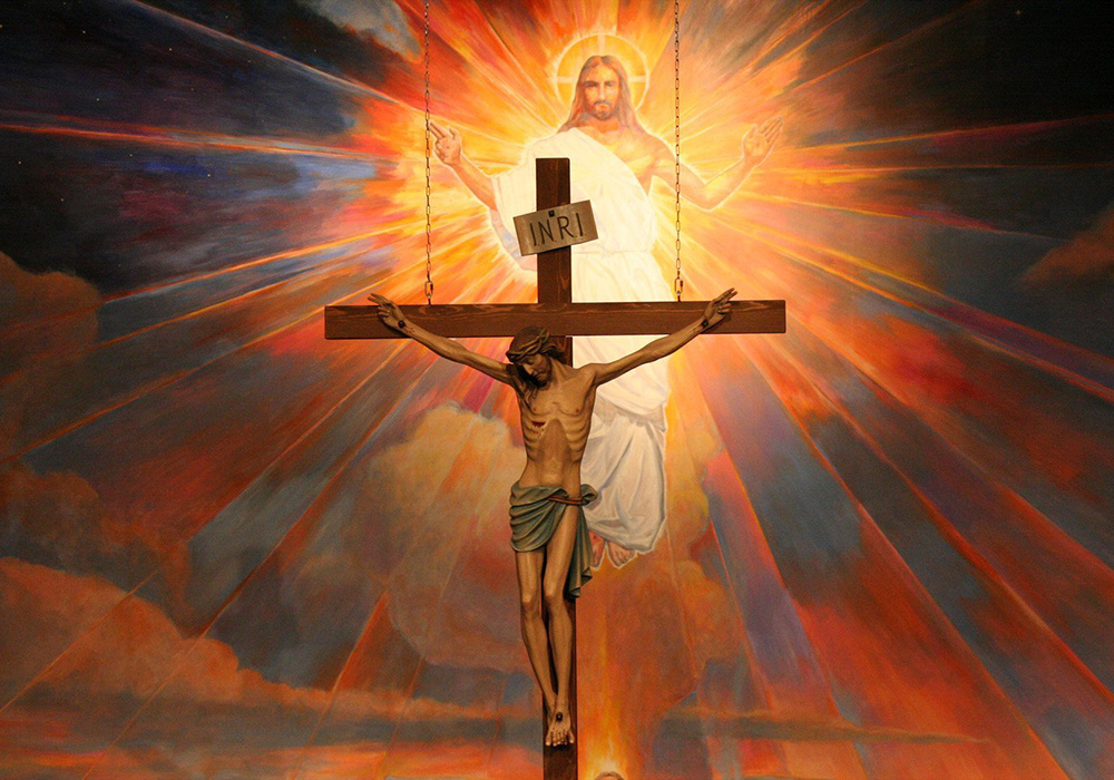 A crucifix hangs before a mural depicting the Resurrection in the sanctuary at St. Timothy Parish in Mesa, Arizona, in this undated file photo. (OSV News/Catholic Sun/J.D. Long-Garcia)