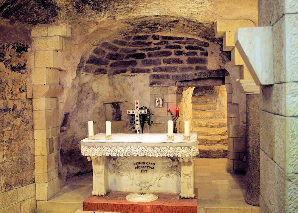The Grotto of the Annunciation, beneath the Basilica of the Annunciation in Nazareth, pictured in December 2015, is believed to be the site where the angel Gabriel announced to Mary that she would conceive Jesus. The grotto contains first-century stone dwellings and draws pilgrims from around the world. (Mary Rose Kocab) 