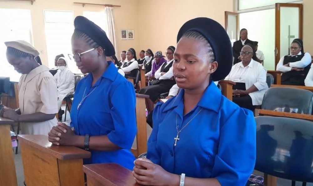 In her role as provincial superior, Sr. Jacintha Rantšo oversees the admission of new members, a community event celebrated in liturgical prayer where aspirants in brown and pre-novices in blue say yes to the call of religious life. (Courtesy of Jacintha Rantšo)
