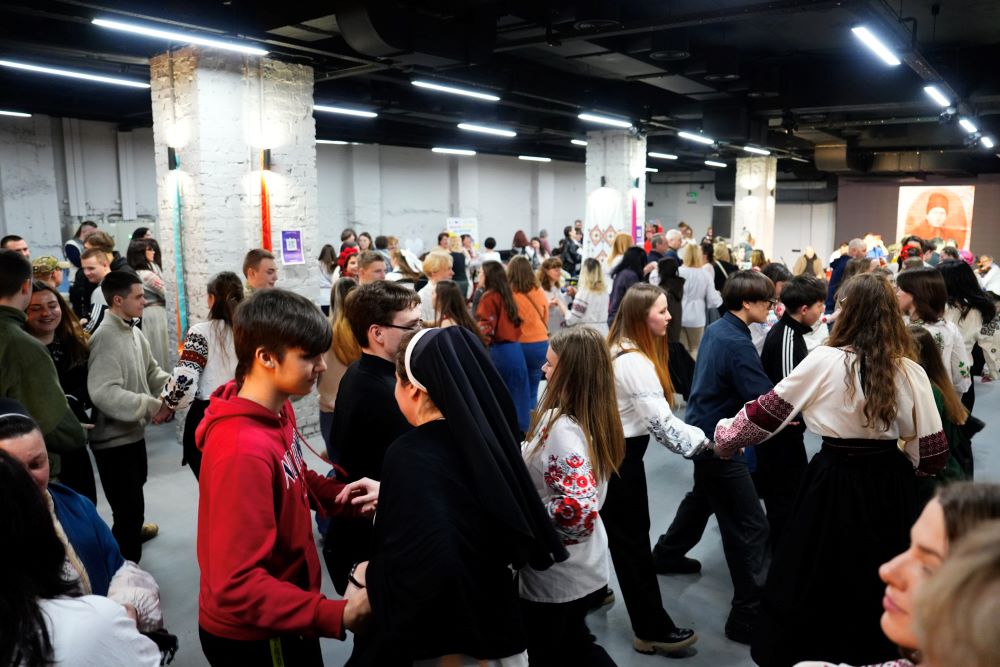 Ukrainian youth participate on Feb. 8 in a national dance during a vechornytsi social gathering in Zaporizhzhia, Ukraine. (Courtesy of Anhelina Yaroshenko) 