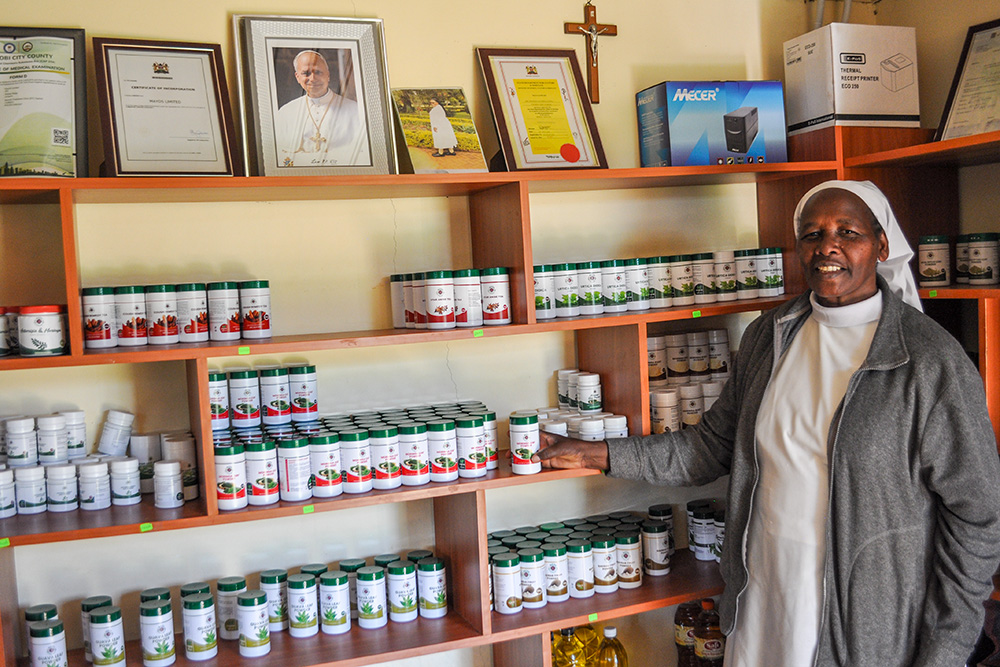 Sr. Lioba Kibor, a Missionary Benedictine Sister in Kenya, shows some of the herbal products at the Medicine at Your Door Step shop. She says all the products are organic and given in the right dosage. (Lourine Oluoch)