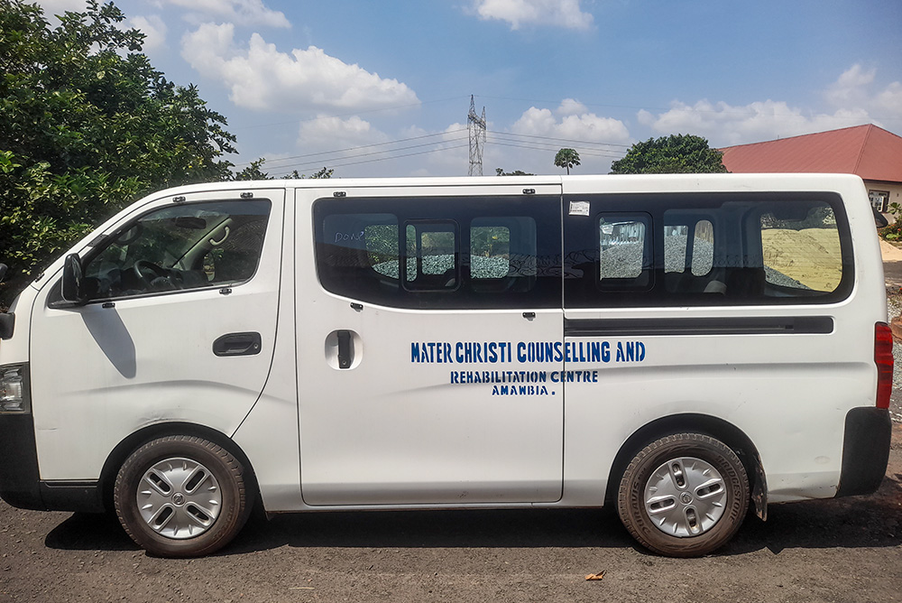 A bus belonging to the Mater Christi Human Development and Religious Formation Centre is seen parked inside the facility's compound in Amawbia, Nigeria. (John Chukwu)