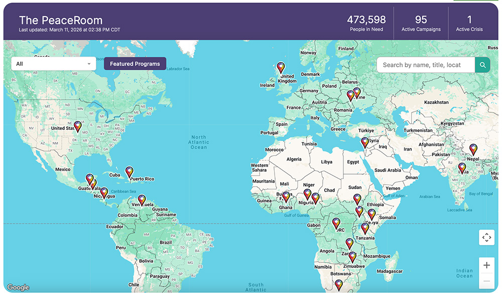 The PeaceRoom platform, run by Sisters Rising Worldwide, features a world map; each country that has sister projects has a tag to click on, which then shows all the work sisters are doing, including photos. (GSR screenshot)
