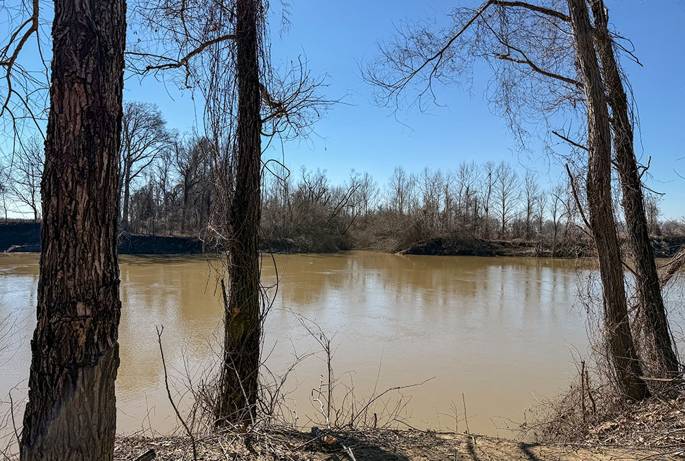 The Tallahatchie River flows near Glendora, Mississippi, where the body of 14-year-old Emmett Till was recovered in 1955 after he was kidnapped and murdered. The site is seen Feb. 7, 2026. (Laura Nettles)