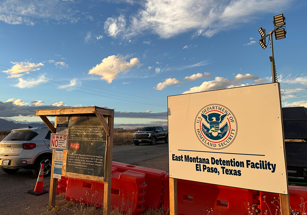 A sign marks the entrance to a series of hardened tents at the Camp East Montana immigrant detention center in the desert at a U.S. Army base on the outskirts of El Paso, Texas, Feb. 13, 2026. (AP photo/Morgan Lee)