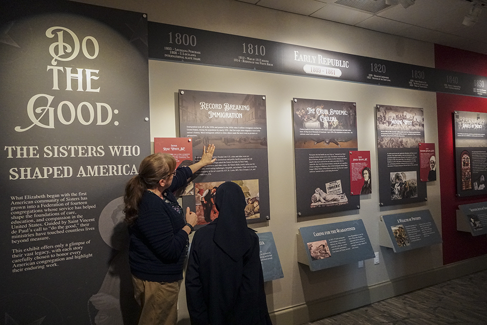 Visitors view "Do the Good: The Sisters Who Shaped America" at the National Shrine of St. Elizabeth Ann Seton on opening day, March 19. (Courtesy of the National Shrine of St. Elizabeth Ann Seton)