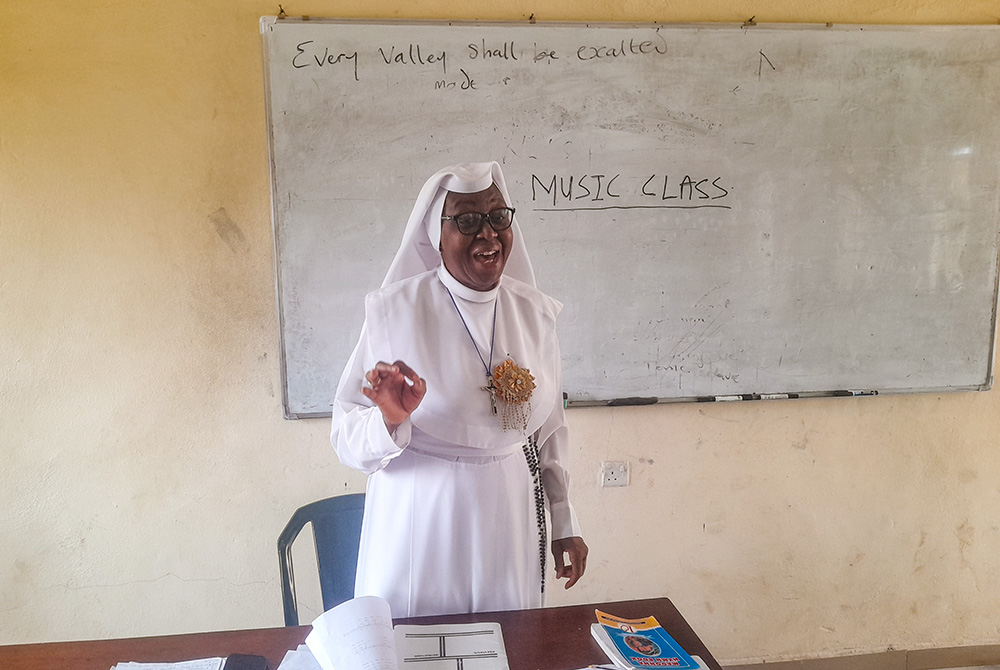 Sr. Mary Beth Anumba, a Sister of the Immaculate Heart of Mary, Mother of Christ, leads a music class at the Mater Christi Human Development and Religious Formation Centre in Amawbia, Nigeria. (John Chukwu)