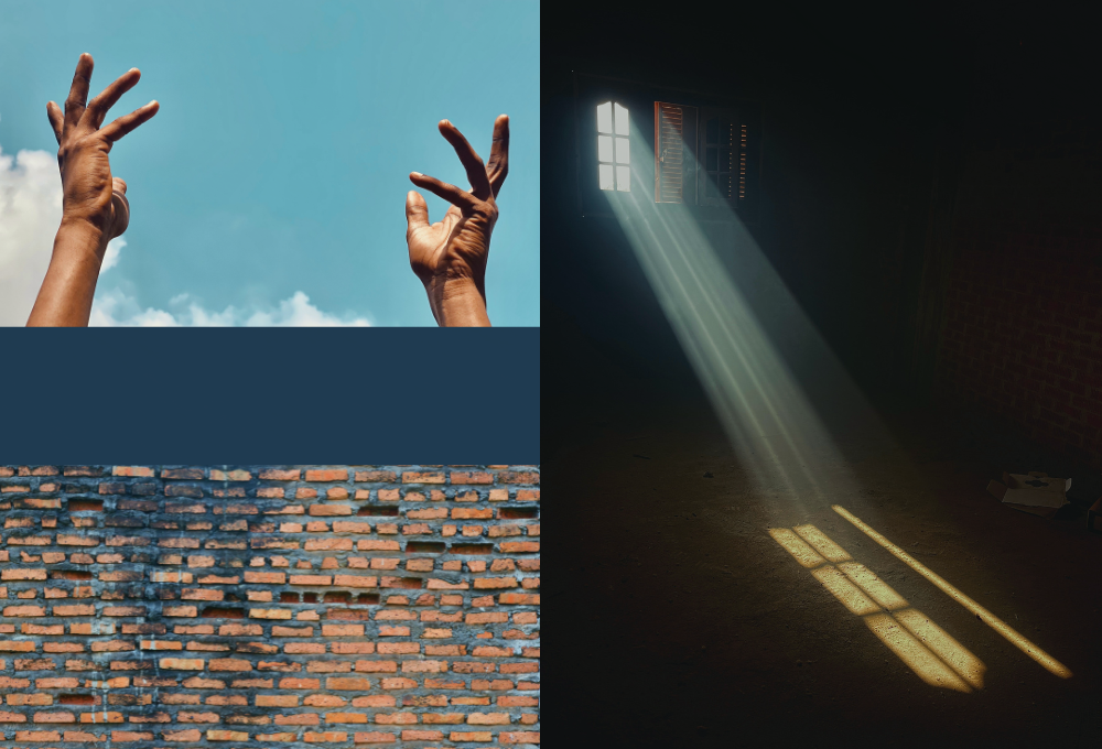 Collage with hands reaching to the sky, light shining through a window, and a brick wall (GSR graphic/Olivia Bardo)