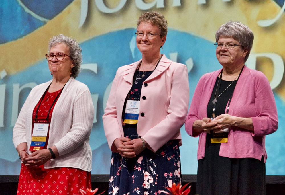 LCWR's 2025-2026 presidential team, from left to right: President-elect Sr. Debra Sciano, President Sr. Vicky Larson, and Past-President Sr. Kathy Brazda; the team and executive director Sr. Carol Zinn met with Pope Leo XIV March 26 at the Vatican. (GSR photo/Dan Stockman)