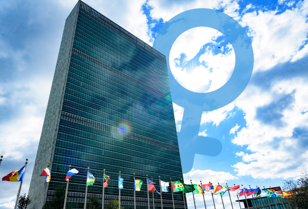 United Nations headquarters in New York City with female symbol (GSR graphic/Olivia Bardo; photo of U.N. by Chris Herlinger)