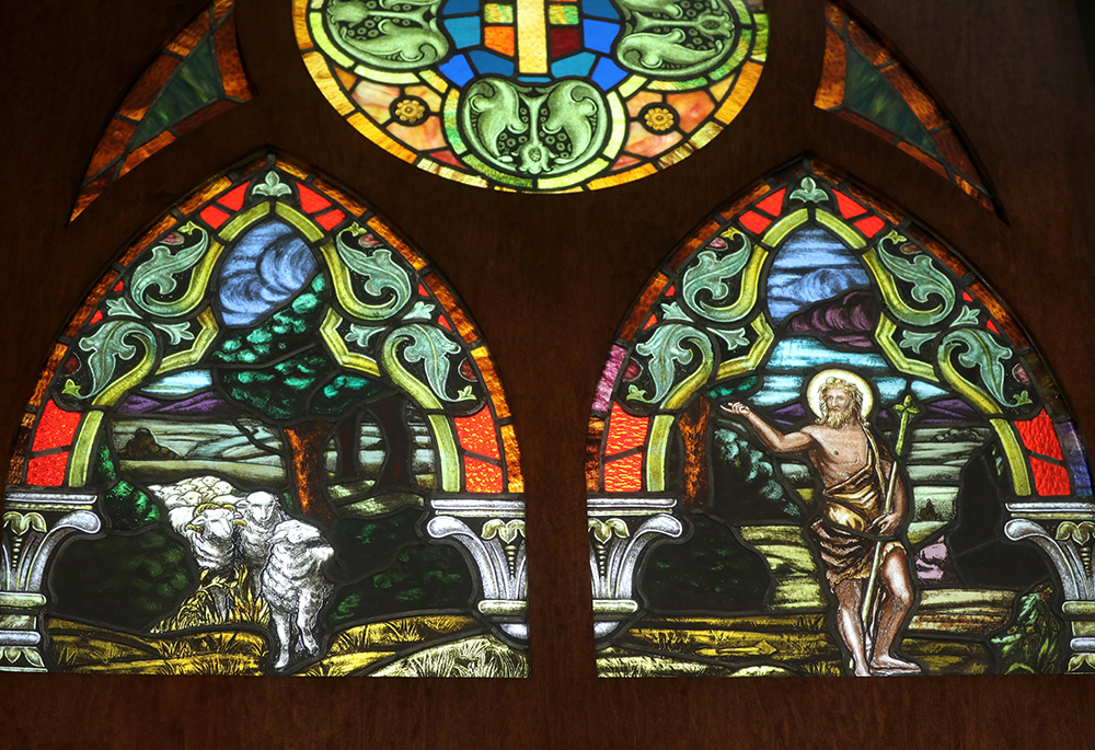 A stained glass image of Jesus the Good Shepherd is pictured at Jesus the Divine Word Church in Huntingtown, Maryland, May 6, 2021. (CNS/Bob Roller)