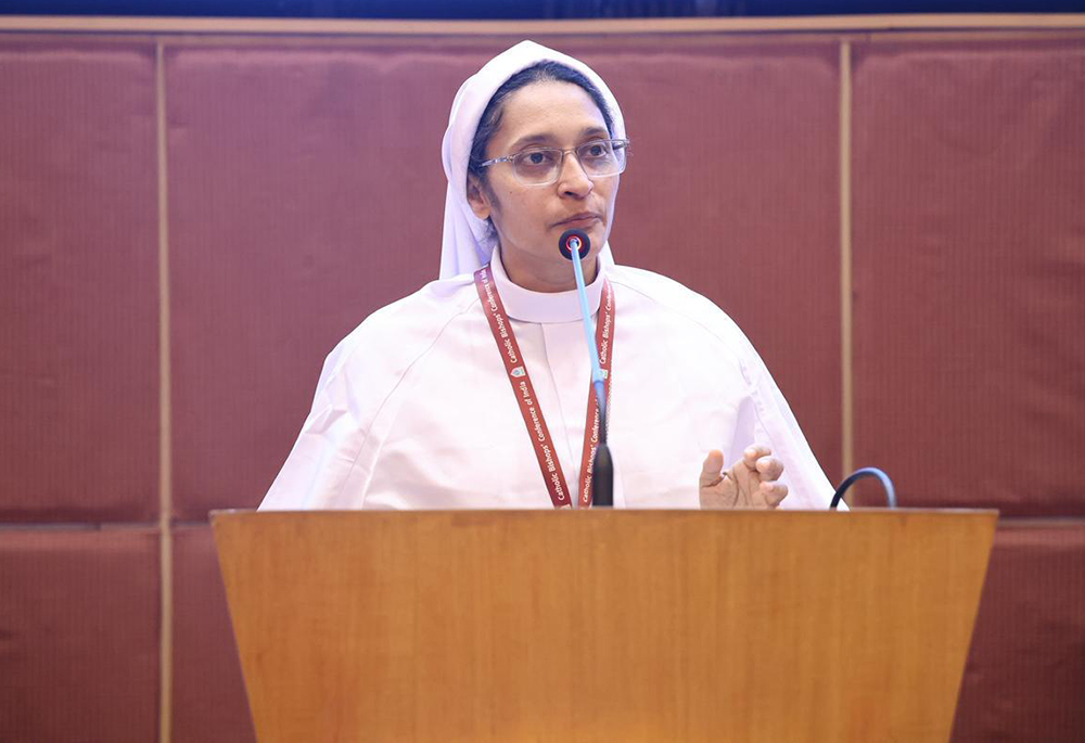 Sr. Paulina Melite of the Missionary Sisters of Mary Immaculate addresses the 37th general body meeting of the Catholic Bishops' Conference of India on Feb. 7 in Bengaluru, southern India. (Courtesy of Paulina Melite)
