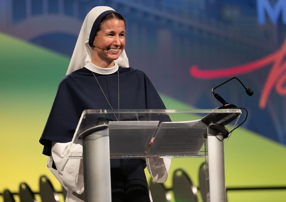 Sister Mary Grace of the Sisters of Life in New York gives a keynote address April 9, the final day of the National Education Association Convention at the Minneapolis Convention Center. (OSV News/The Catholic Spirit/Dave Hrbacek)