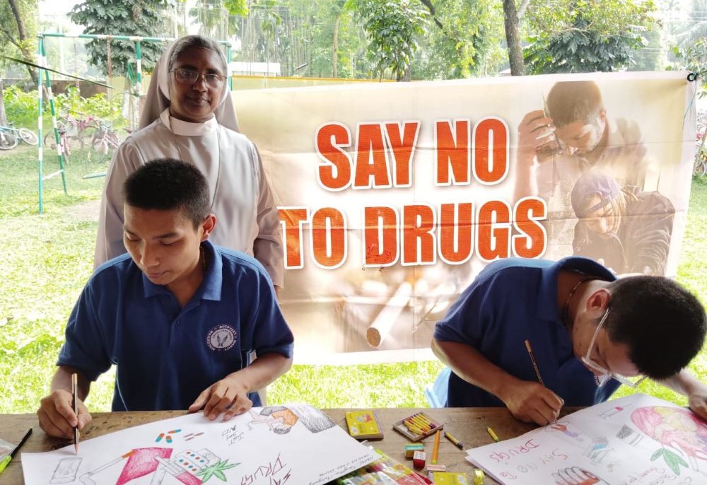 Hospitaller Sr. Merin Lukose, the director of Orsini Care Home at Bongaigaon town in Assam in northeastern India, conducts an art competition in connection with the International Day against Drug Abuse, held annually on June 26. (Courtesy of Merin Lukose)